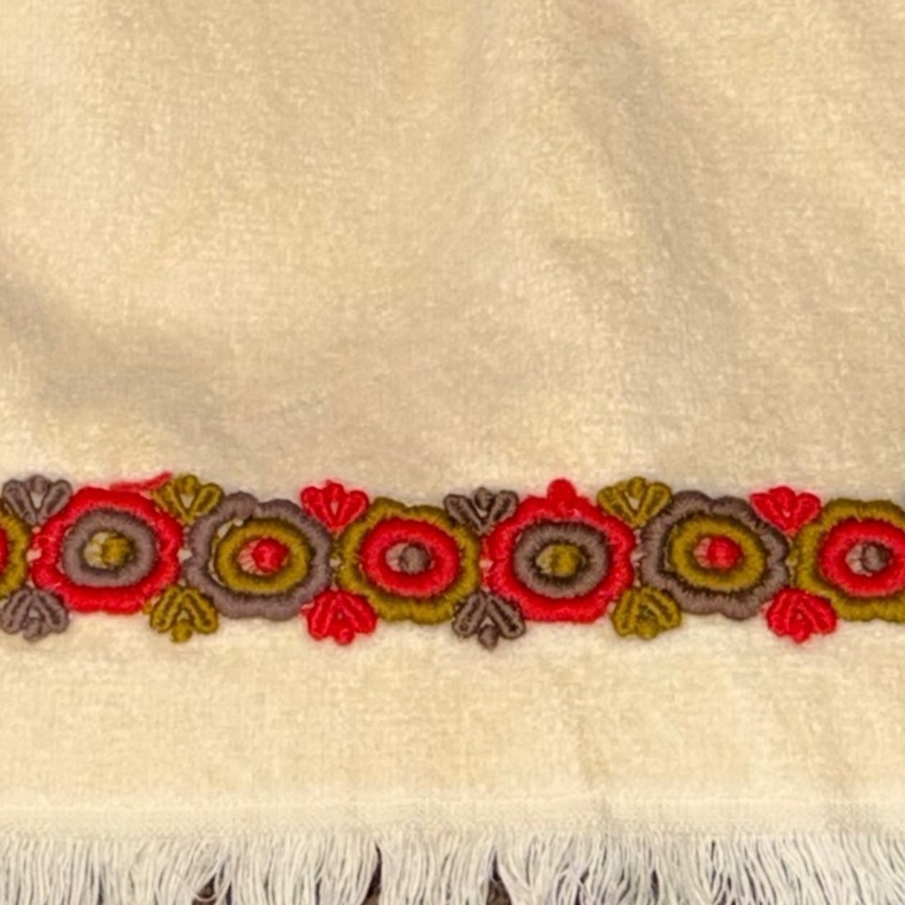 Vintage Martex 70s Hand Towel Cream Embroidered Retro Fringe Cotton Made in USA